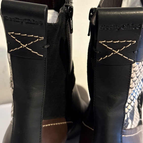 SEE BY CHLOE TYRA PATCHWORK BOOT BLACK/BROWN MULTI SNAKE Sz 40 - Picture 8 of 13